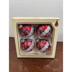 Vintage Hand Decorated Glass Ornaments With Crowns Set Of 4 Red & Silver Z3